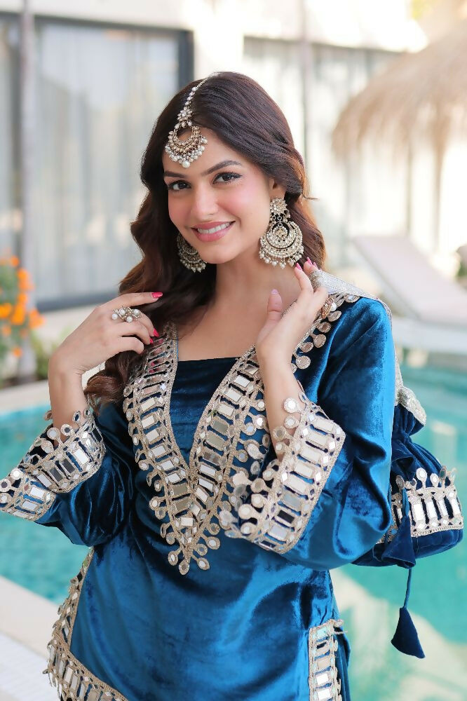 Joban Fashion Rama Kurta Set Velvet Sequins , Zari, Coding & Thread Embroidered work | Grocsy