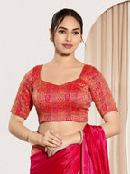 Joban Fashion Red Brocade Padded Blouse With Round Neck Elbow Sleeves | Grocsy