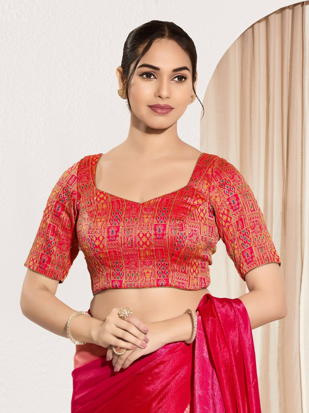 Joban Fashion Red Brocade Padded Blouse With Round Neck Elbow Sleeves | Grocsy