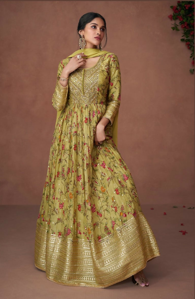 Vastranavya Green Floral Printed Anarkali Suit Set with Foil Mirror Work | Grocsy