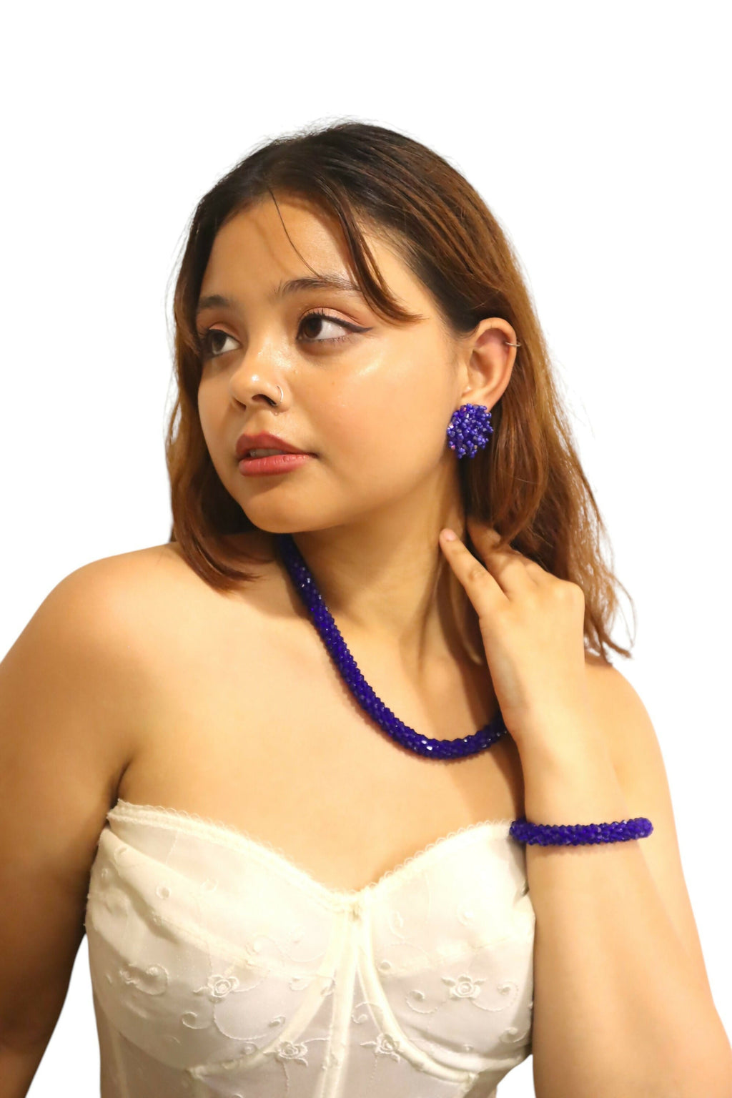 Inhanns Complete Look Crystal Statement 3-Piece Set (Adjustable Necklace + Earrings + Adjustable Bangle ) - Blue | Grocsy