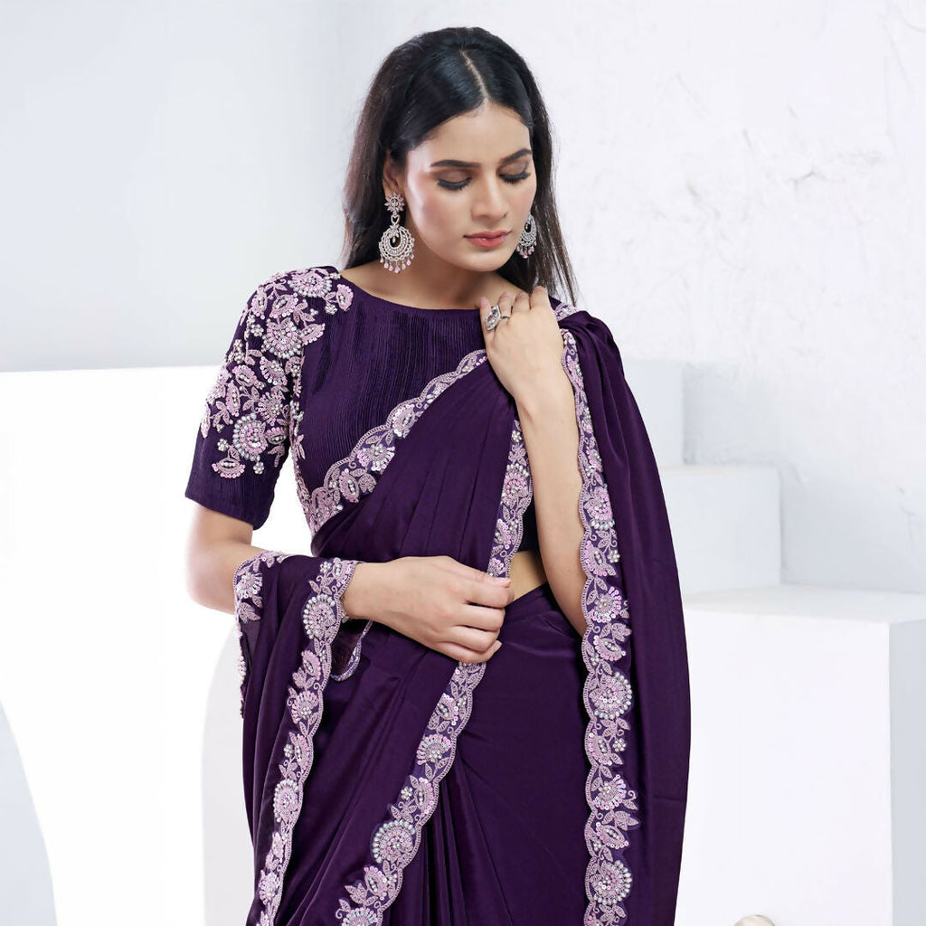 Purple Pure Crepe Silk Dual Sequence With Moti Work Saree With Unstitched Blouse - Norita Swaraa | Grocsy