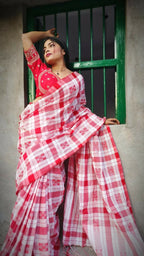 Exclusive Collection Beautiful Check Red Pure Cotton Woven Handloom Saree With Running Blouse Piece | Grocsy