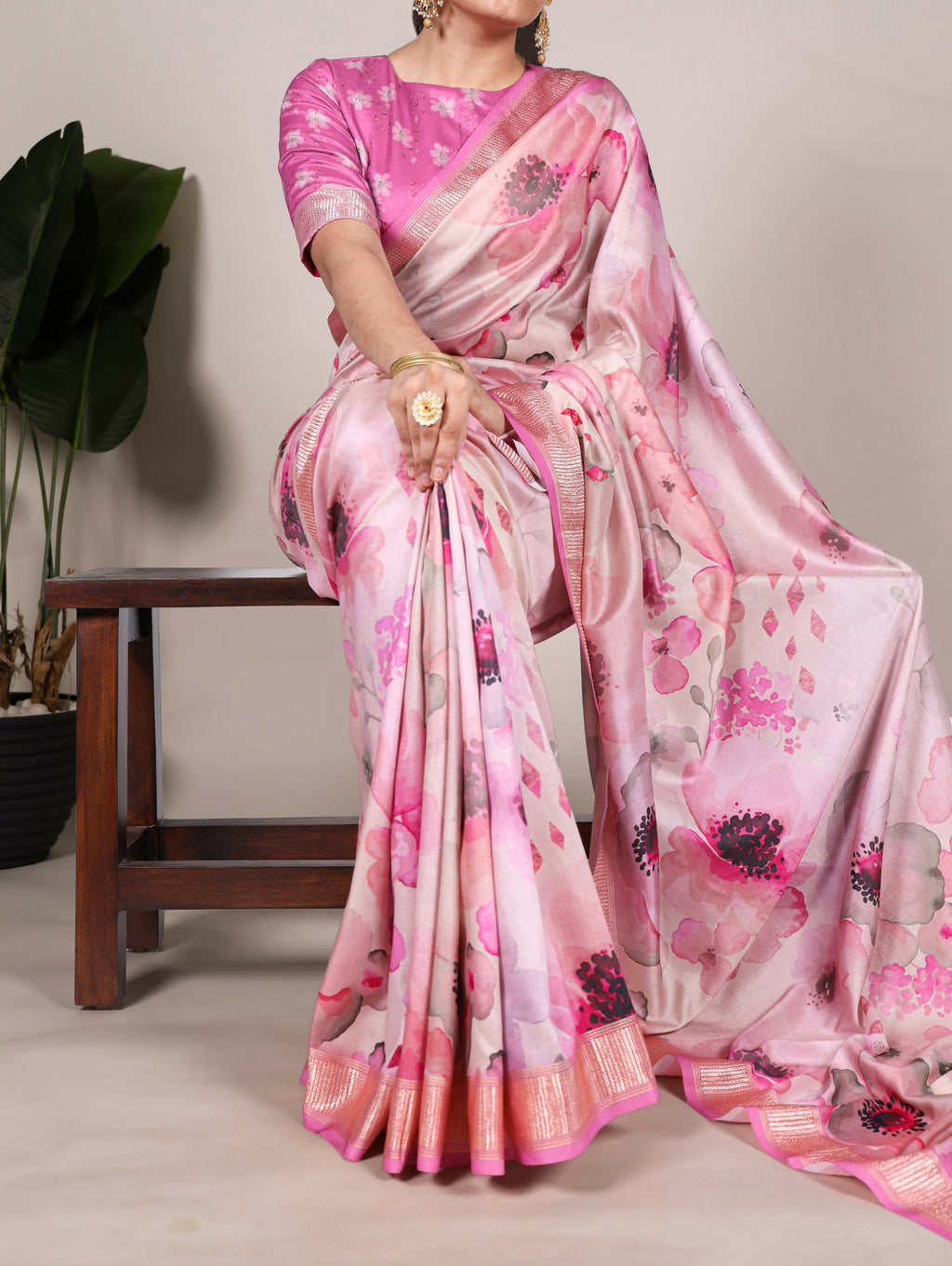 Vastranavya Pink Tussar Silk Printed with Viscose Border Saree with Unstitched Blouse | Grocsy