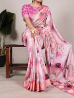 Vastranavya Pink Tussar Silk Printed with Viscose Border Saree with Unstitched Blouse | Grocsy