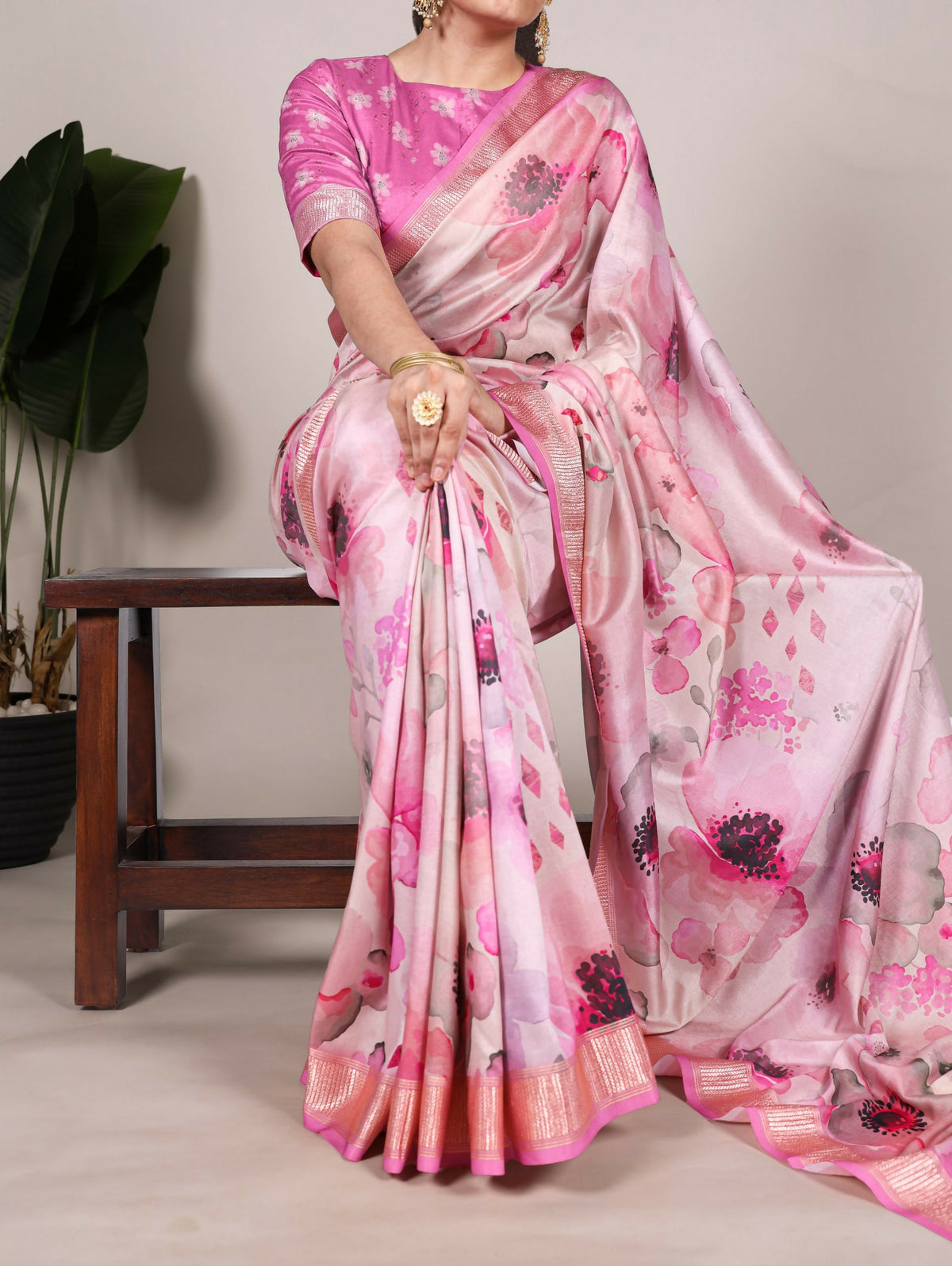 Vastranavya Pink Tussar Silk Printed with Viscose Border Saree with Unstitched Blouse | Grocsy