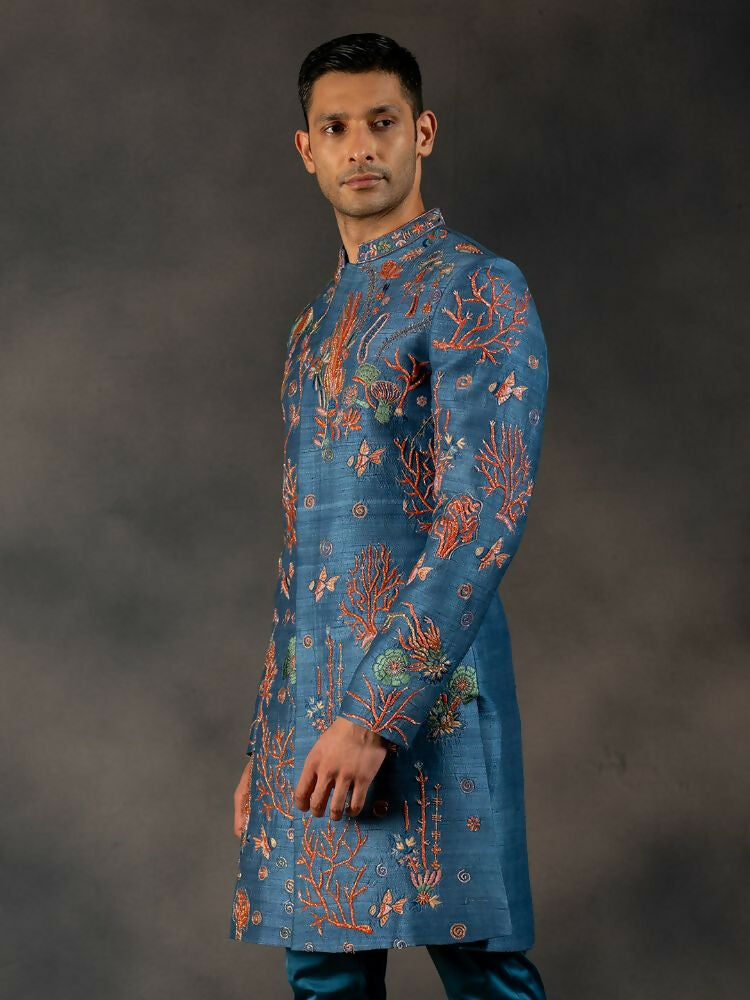 Navy Blue Coral Voyage Hand Embroidered Indowestern Sherwani by Hilo Design | Grocsy