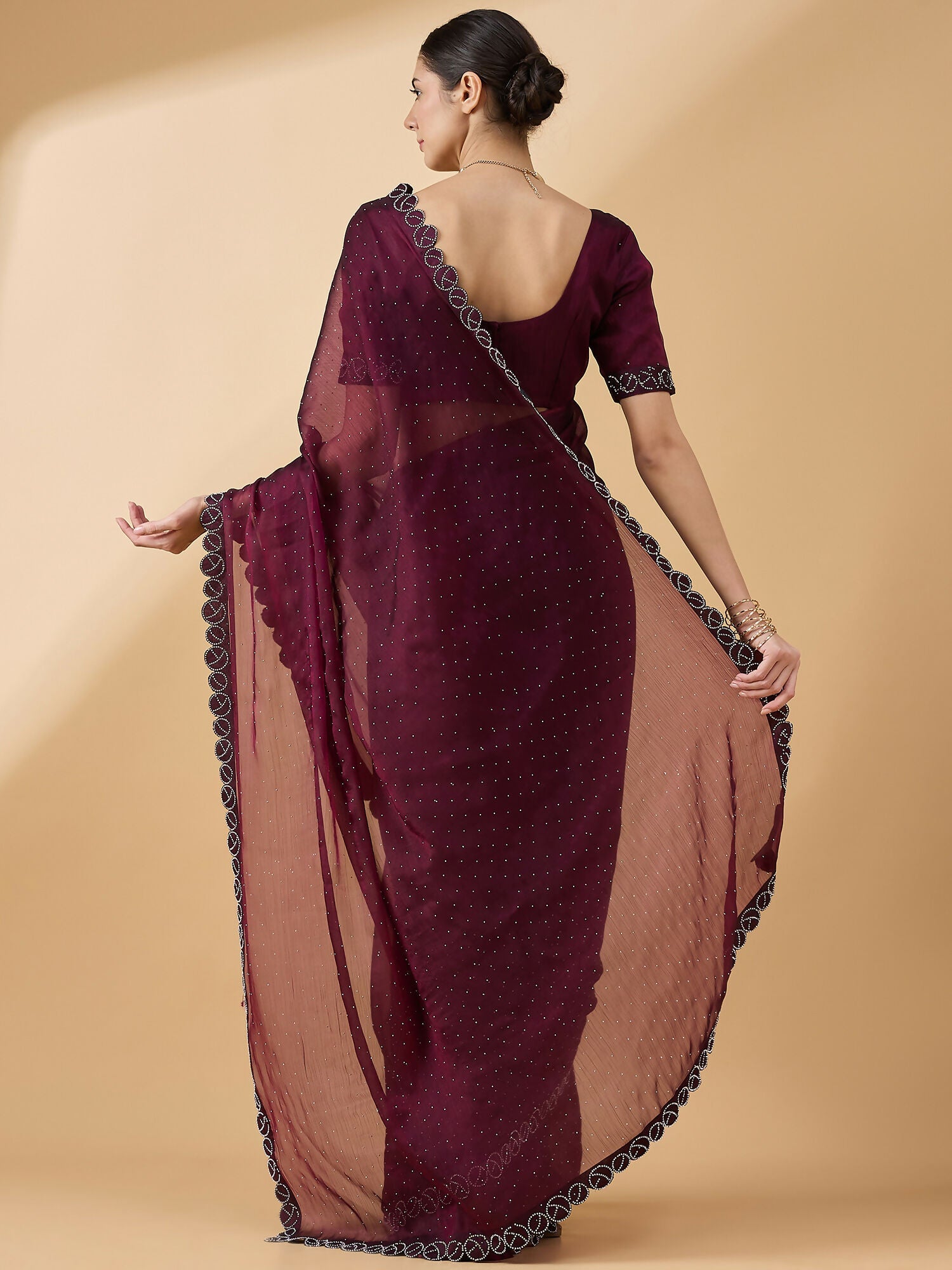 Purple Organza Swaroski Diamond Work Saree with Unstitched Blouse - Radha | Grocsy