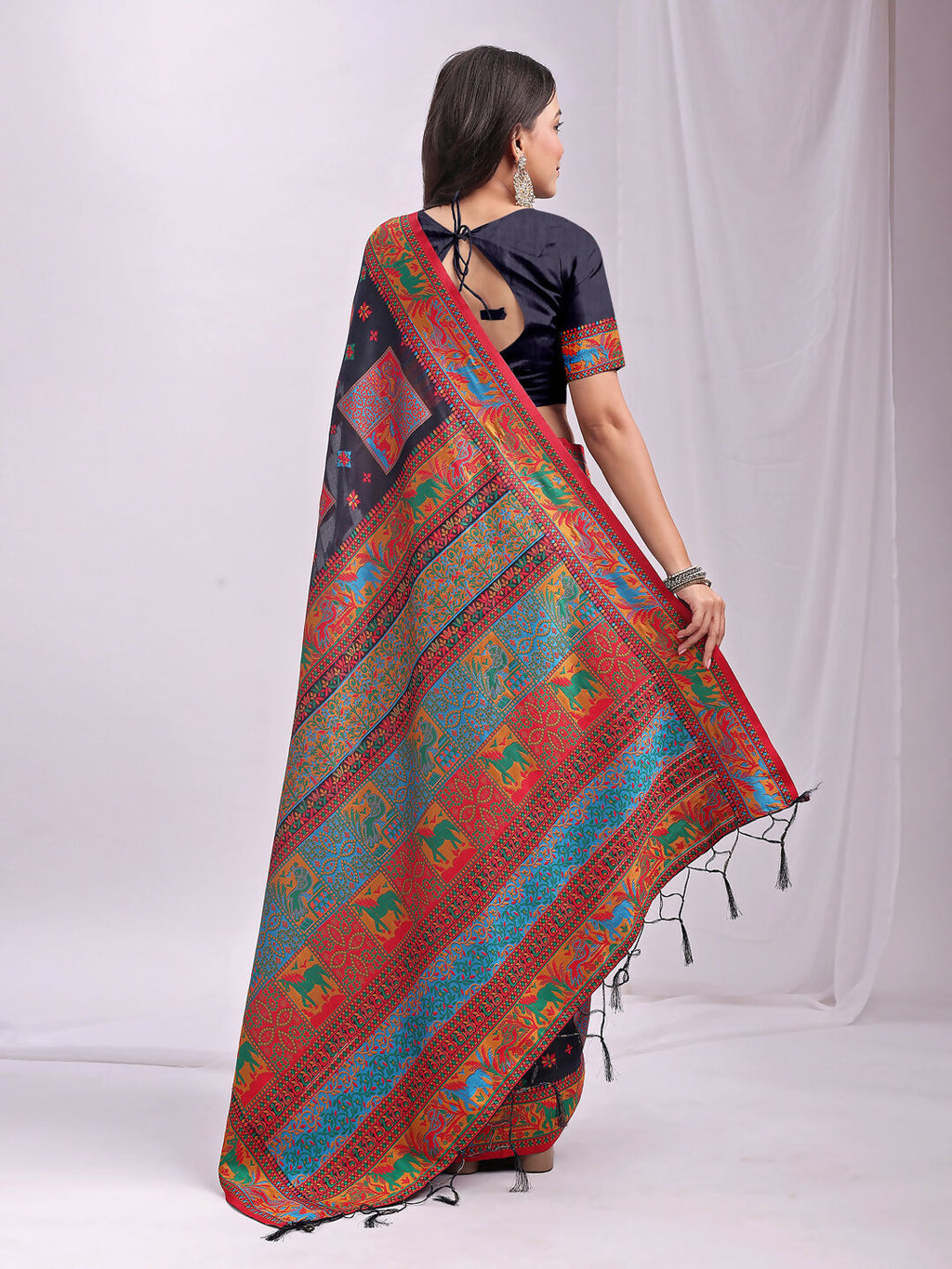 Shree Shyam Fashion Vastraloom Navy Blue Linen Cotton Saree | Grocsy