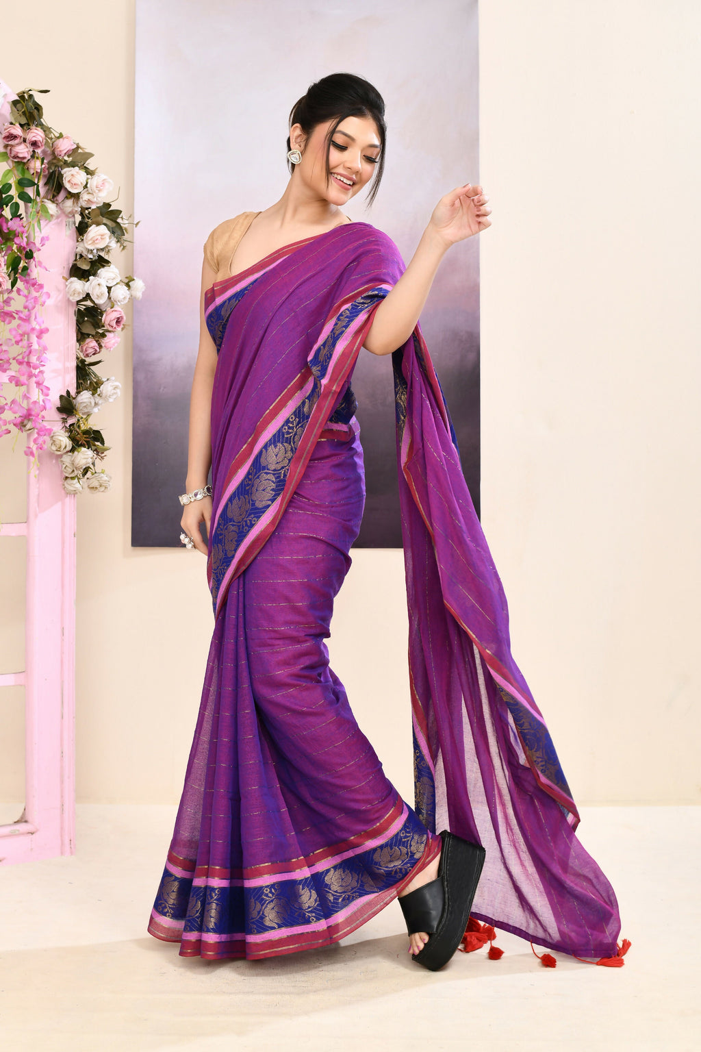 Piyari Fashion Women's Purple Embellished Zari Border Cotton Saree | Grocsy
