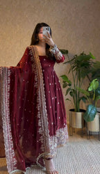 Teeya Creation Maroon Fendi Silk Designer Heavy Work Wedding Wear Long Gown | Grocsy