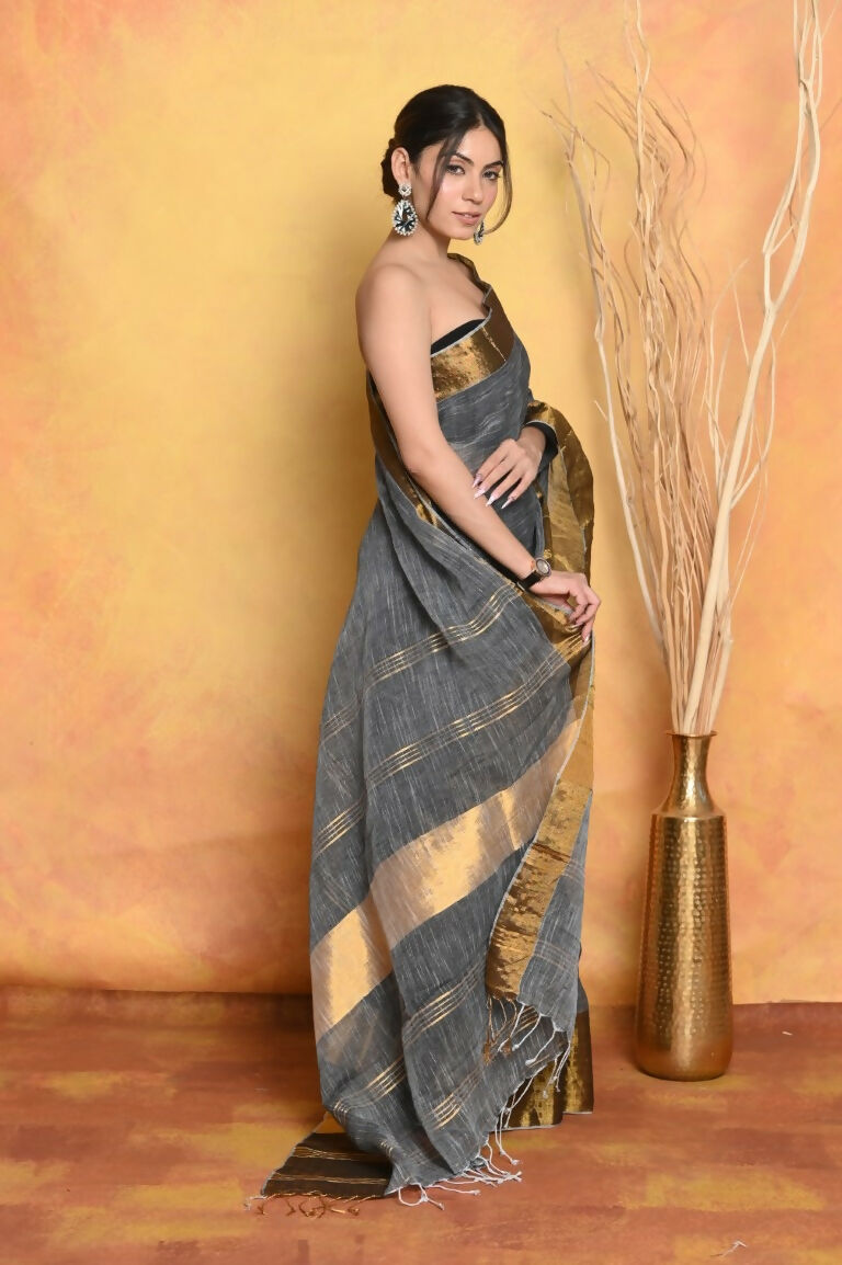 Very Much Indian Handloom Pure Cotton Linen Saree With Golden Border - Grey Gold | Grocsy