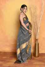 Very Much Indian Handloom Pure Cotton Linen Saree With Golden Border - Grey Gold | Grocsy