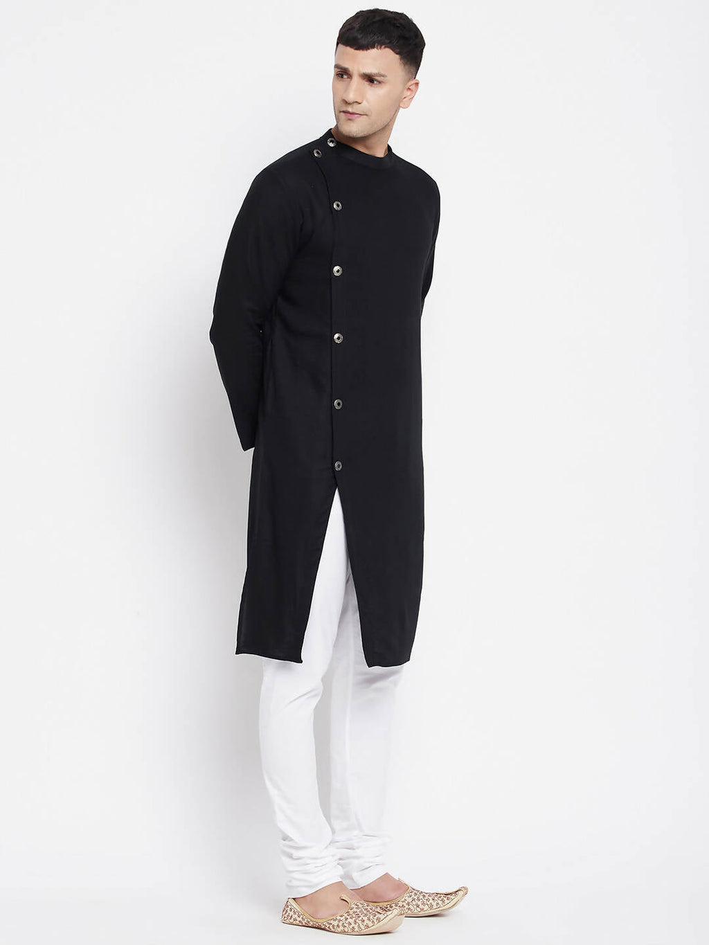 Even Apparels Black Pure Cotton Men's Sherwani Kurta With Asymetrical Cut | Grocsy