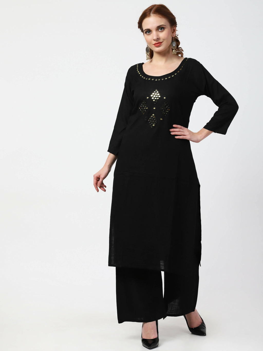 Cheera Women's Black Rayon Slub Kurta Palazzo Organza Silk Dupatta Set | Grocsy