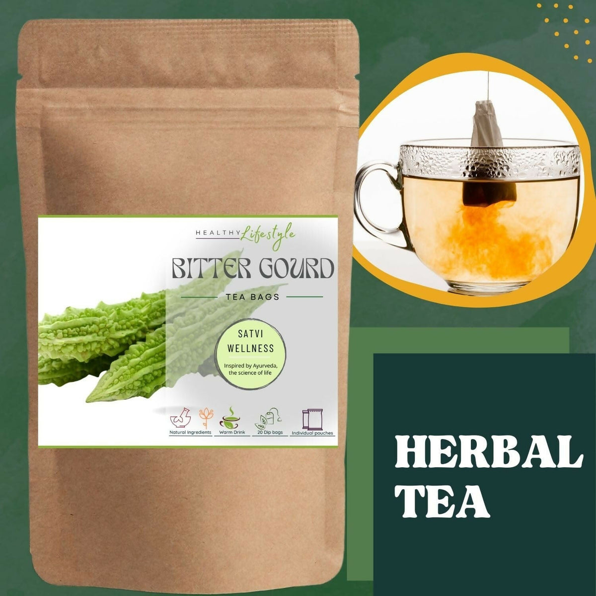 Satvi Wellness Bitter Gourd Tea Bags | Bitter Melon Tea | Herbal Tea | Grocsy