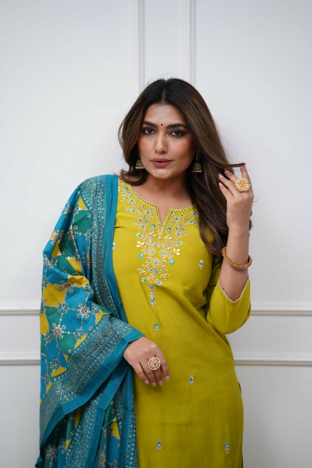 The52 Lemon Beautiful Embroidered Viscose Chanderi Fabric Straight Kurta Pant with Dupatta Set | Grocsy
