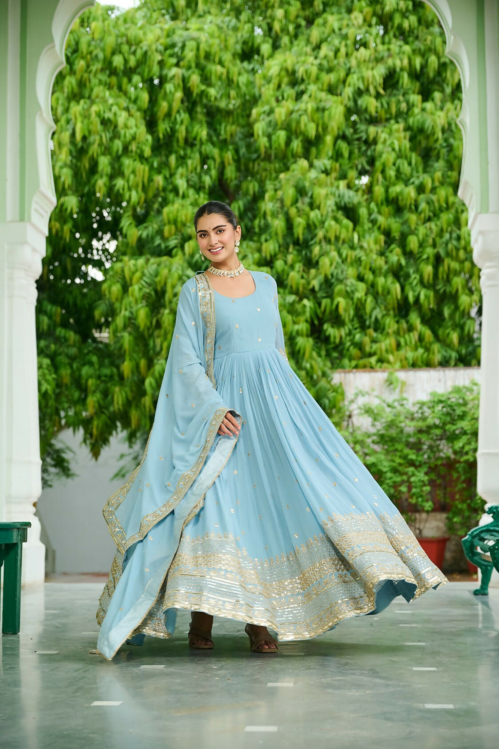 Joban Fashion Sky Blue Georgette Sequence Embroidery Work Kurta Set | Grocsy