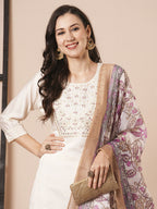 Cream Chanderi Embroidery Work, Printed Kurta Set - Riya | Grocsy