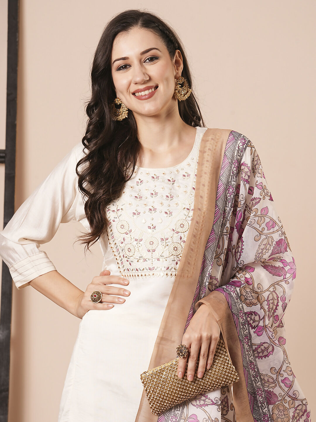 Cream Chanderi Embroidery Work, Printed Kurta Set - Riya | Grocsy