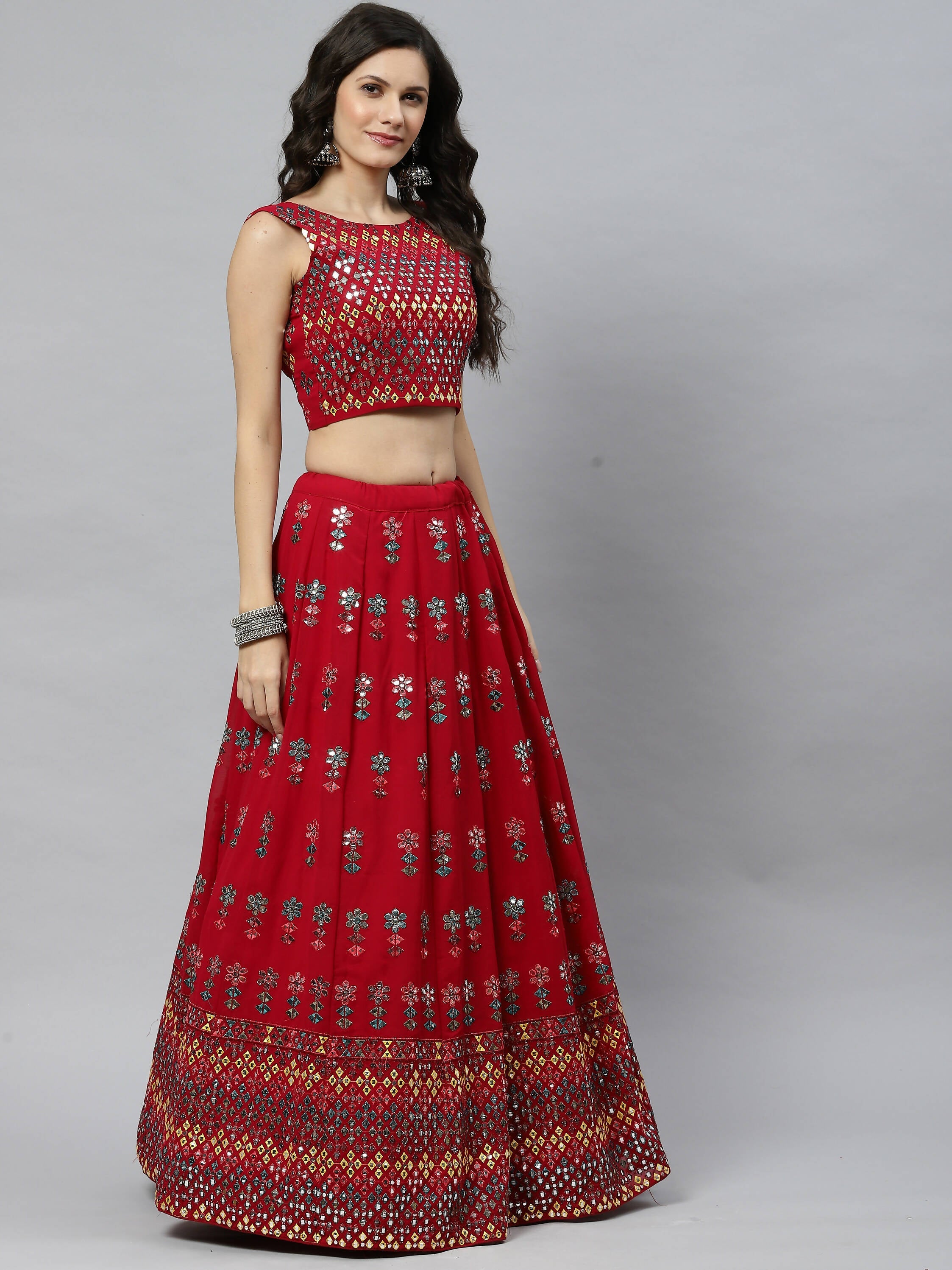 Deep Pink Georgette Heavy Embroidery mirror Work Lehenga Choli with Dupatta - Jivika | Grocsy