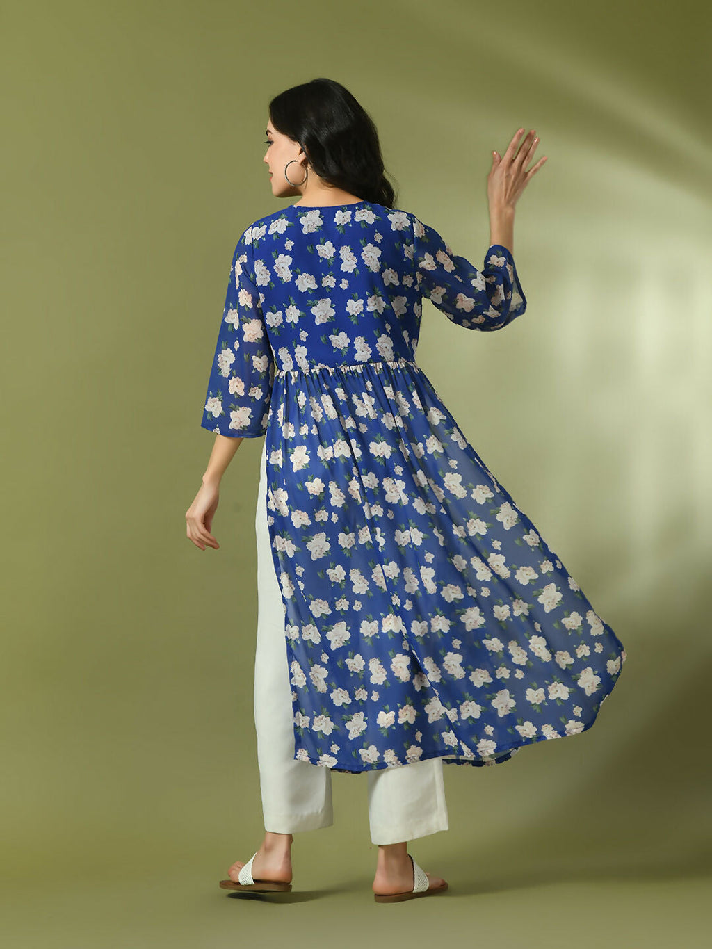 Myshka Women's Blue Printed Georgette A-Line Nyra-cut Kurta | Grocsy