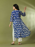 Myshka Women's Blue Printed Georgette A-Line Nyra-cut Kurta | Grocsy