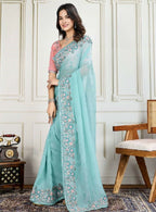 Teeya Creation New Trendy Stylish Wedding Wear Crunchy Silk Saree-Aqua_Blue | Grocsy