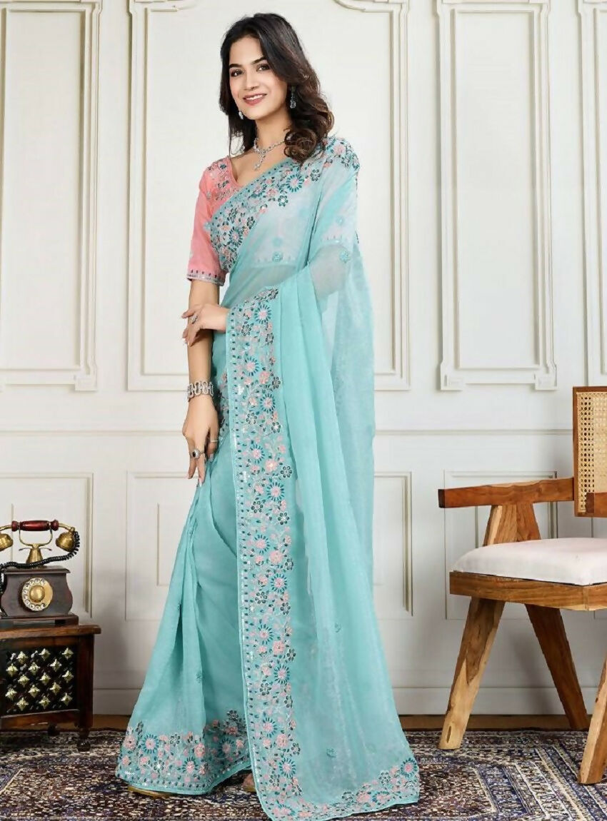 Teeya Creation New Trendy Stylish Wedding Wear Crunchy Silk Saree-Aqua_Blue | Grocsy