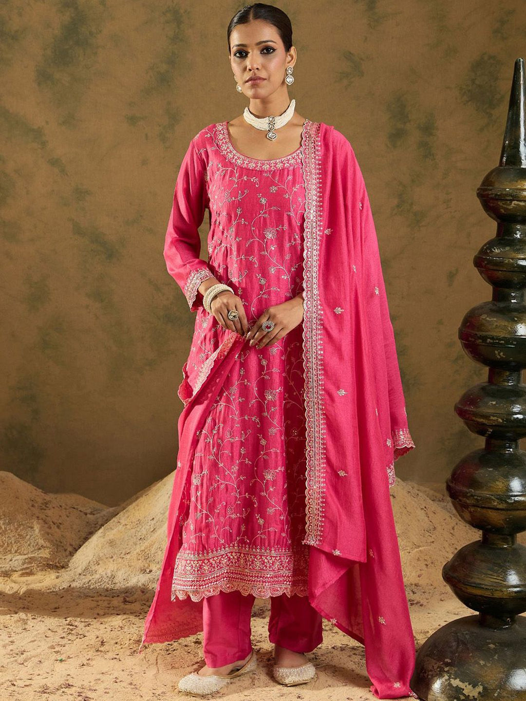 Indo Era Ethnic Motifs Embroidered Thread Work Kurta with Trousers & Dupatta | Grocsy