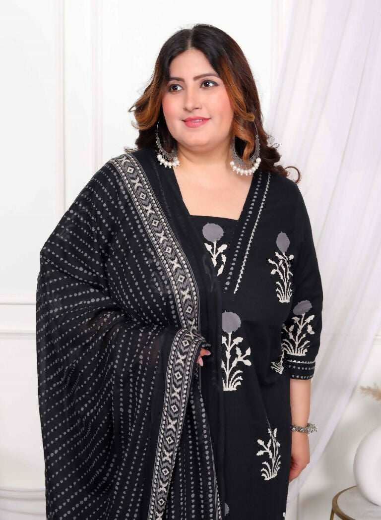 Miravan Women's Plus Size Cotton Gota Patti Black Floral Printed Straight Kurta Palazzo With Dupatta Set | Grocsy