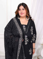 Miravan Women's Plus Size Cotton Gota Patti Black Floral Printed Straight Kurta Palazzo With Dupatta Set | Grocsy