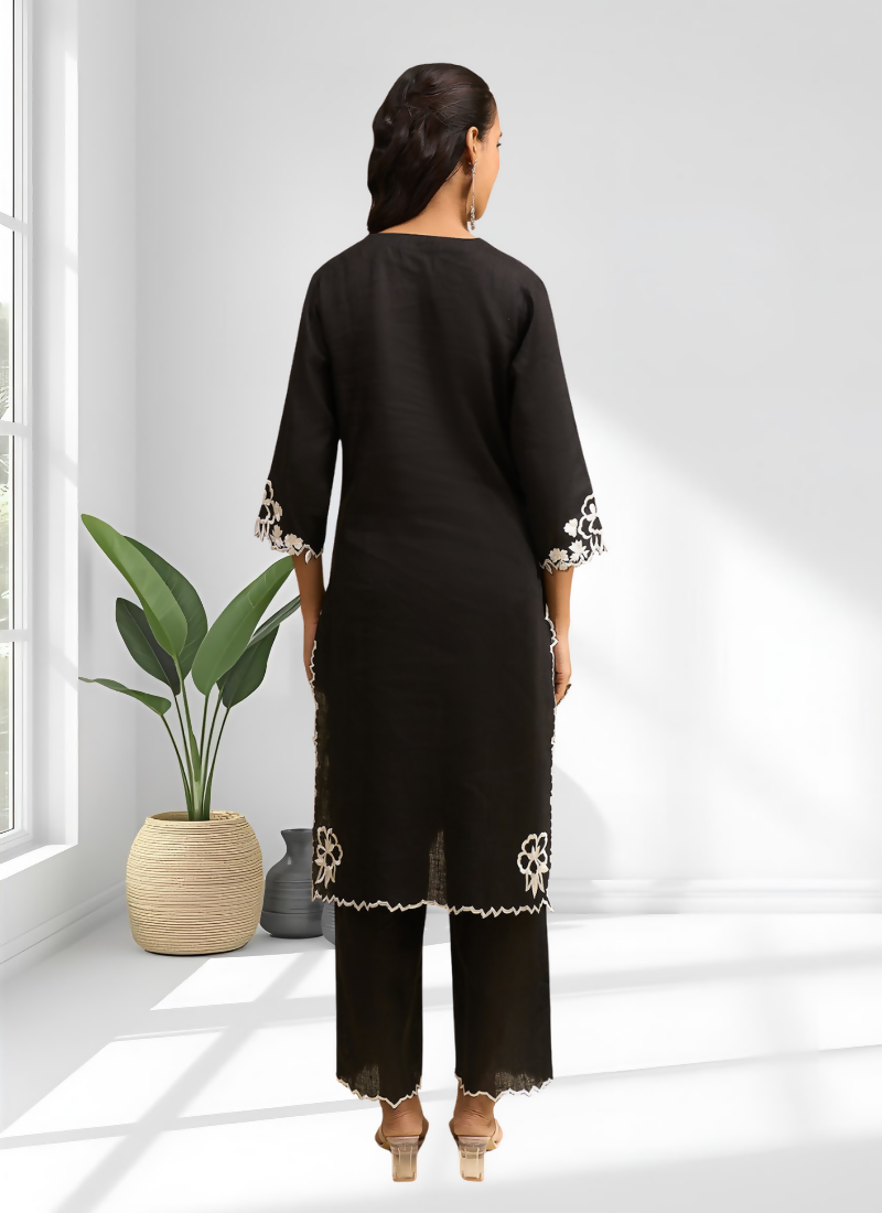 Joban Fashion Black Linen Embroidered Readymade Long Kurta With Pant | Grocsy