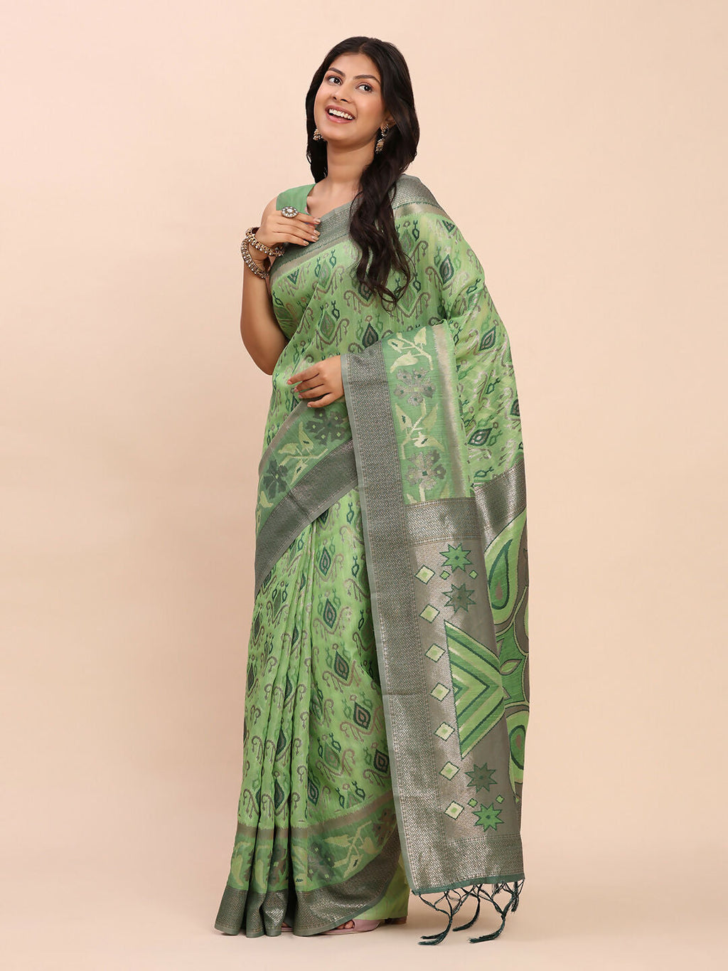 Shree Shyam Fashion Linen Cotton Green Saree | Grocsy