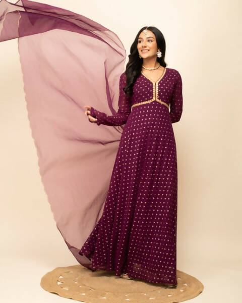 FIORRA Women's Wine Georgette Anarkali Kurta With Dupatta | Grocsy