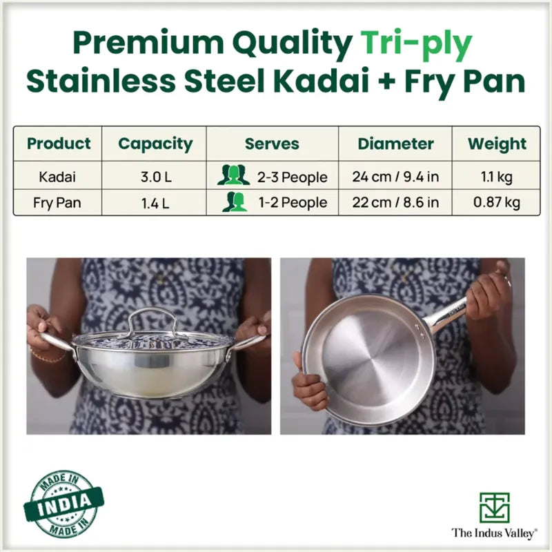 The Indus Valley TurboCuk Tri-ply Stainless Steel Cookware Set: 3L Kadai with Lid + 1.4L Fry Pan, Premium Quality, 3 Layer Thick Body, 100% Toxin-free, Non-stick, Induction & Gas | Grocsy