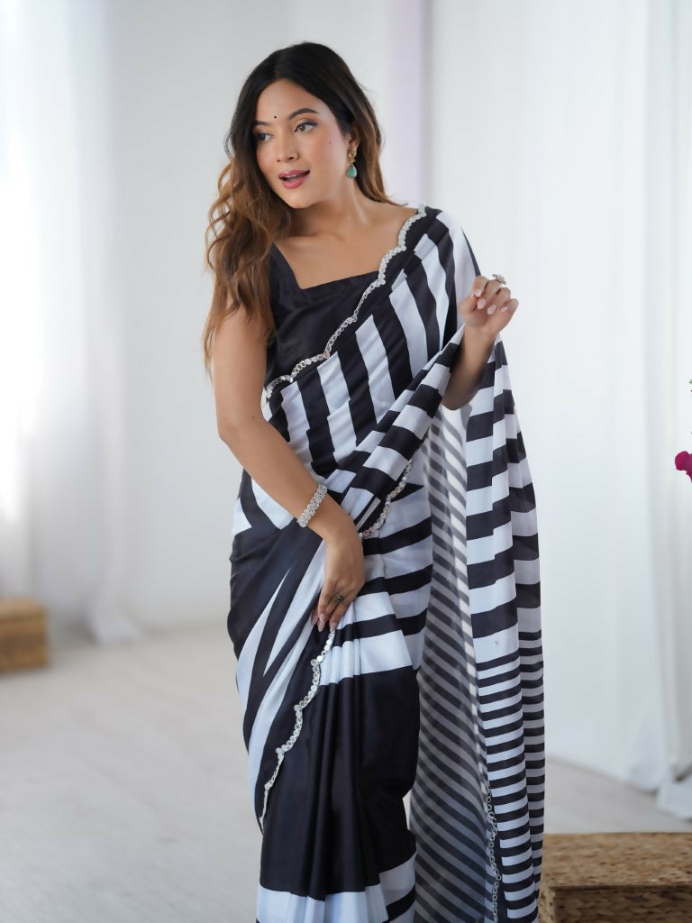 Black Chinon Designer Digital Printed,Mirror Cut Work Saree - Manvika | Grocsy