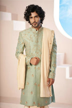 Majestic Mint Green Dupion Silk Sherwani With Satin Dhoti & Santone Dupatta by Hilo Design | Grocsy