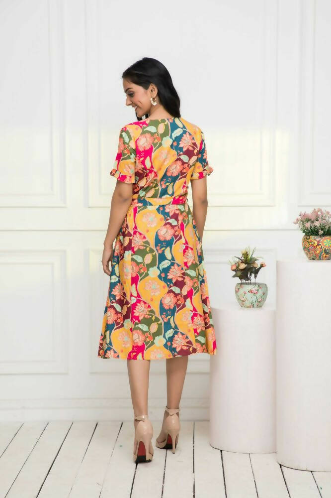 Myshka Women Multi - Abstract Rayon A-Line V-Neck Dress | Grocsy
