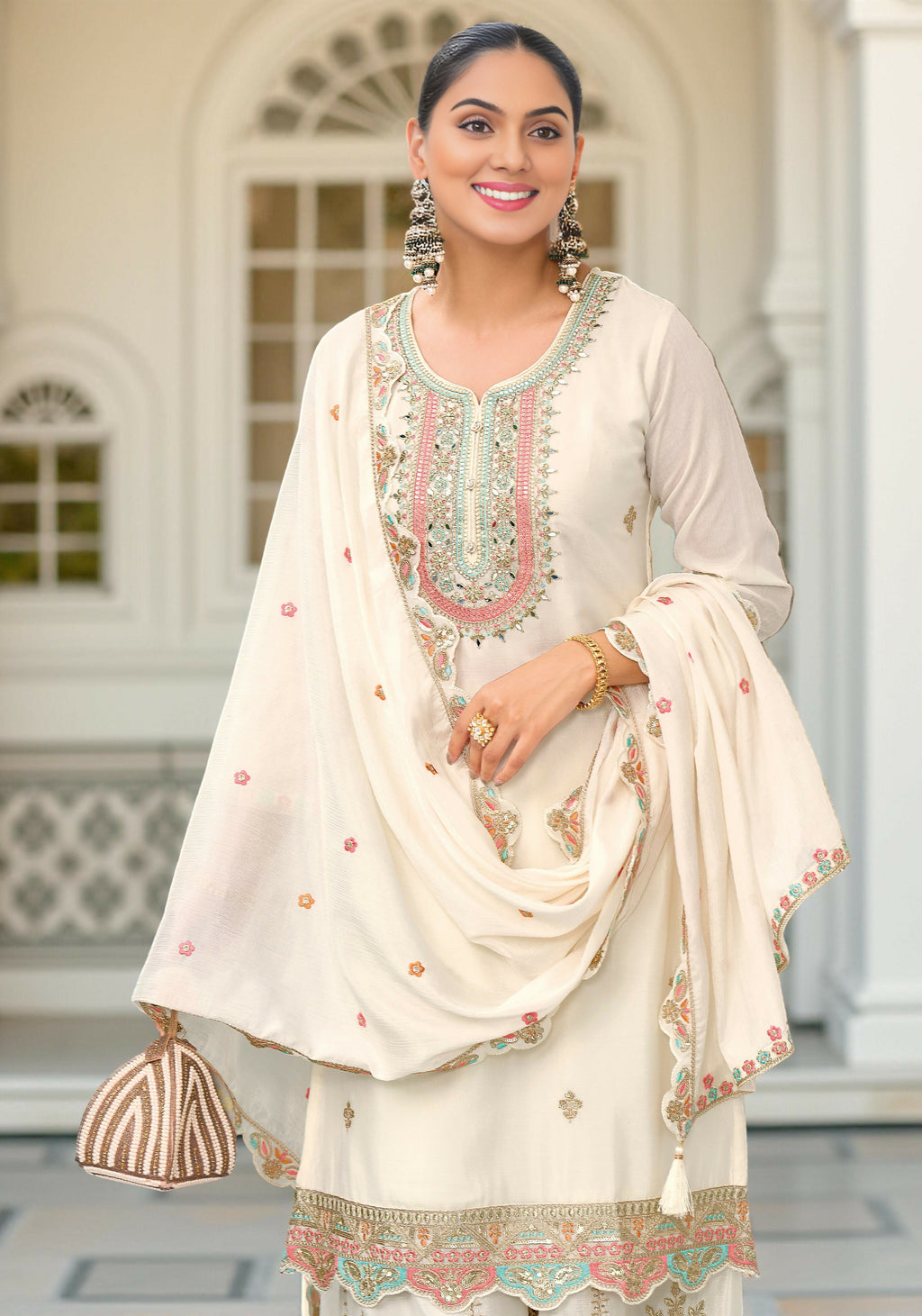 Ethnic Festive Wear White Primium Chinon Fabric Stitched Suit With Dupatta - Zeeya | Grocsy