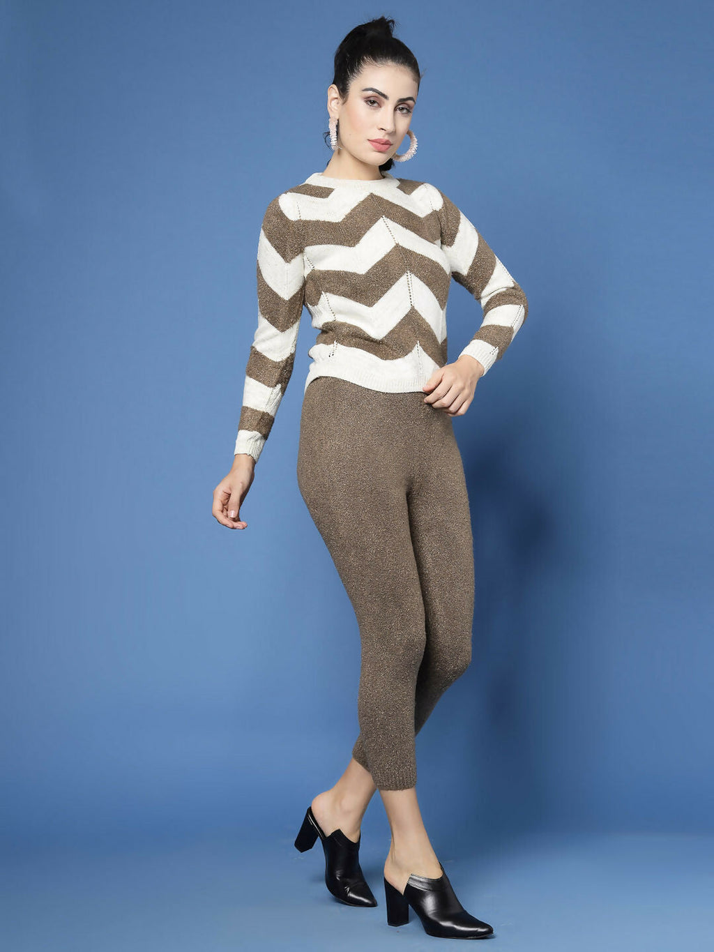 Women Cream Acrylic Stripe & Solid Winter Co-Ord Set - Wool Trees | Grocsy