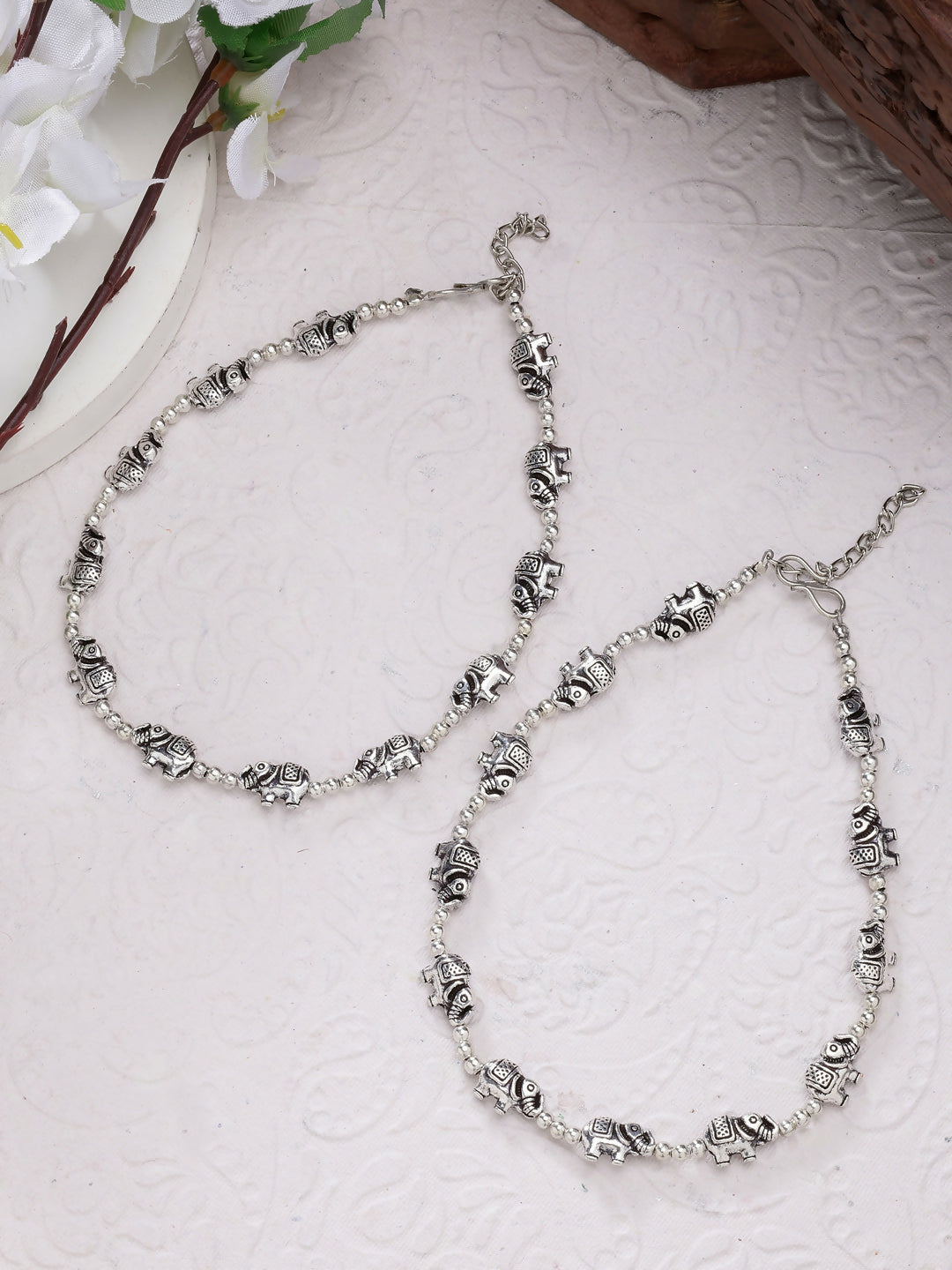 NVR Women's Set of 2 Silver-Plated Elephant Design Anklets | Grocsy