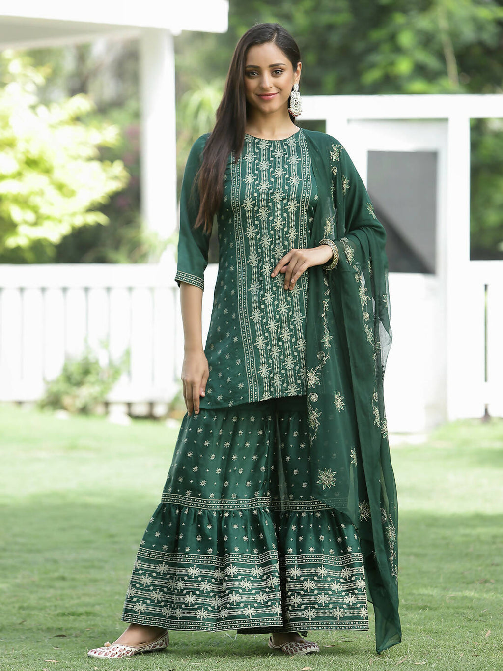 Juniper Green Mono Viscose Festive Wear Printed Straight Kurta Sharara Dupatta Set | Grocsy