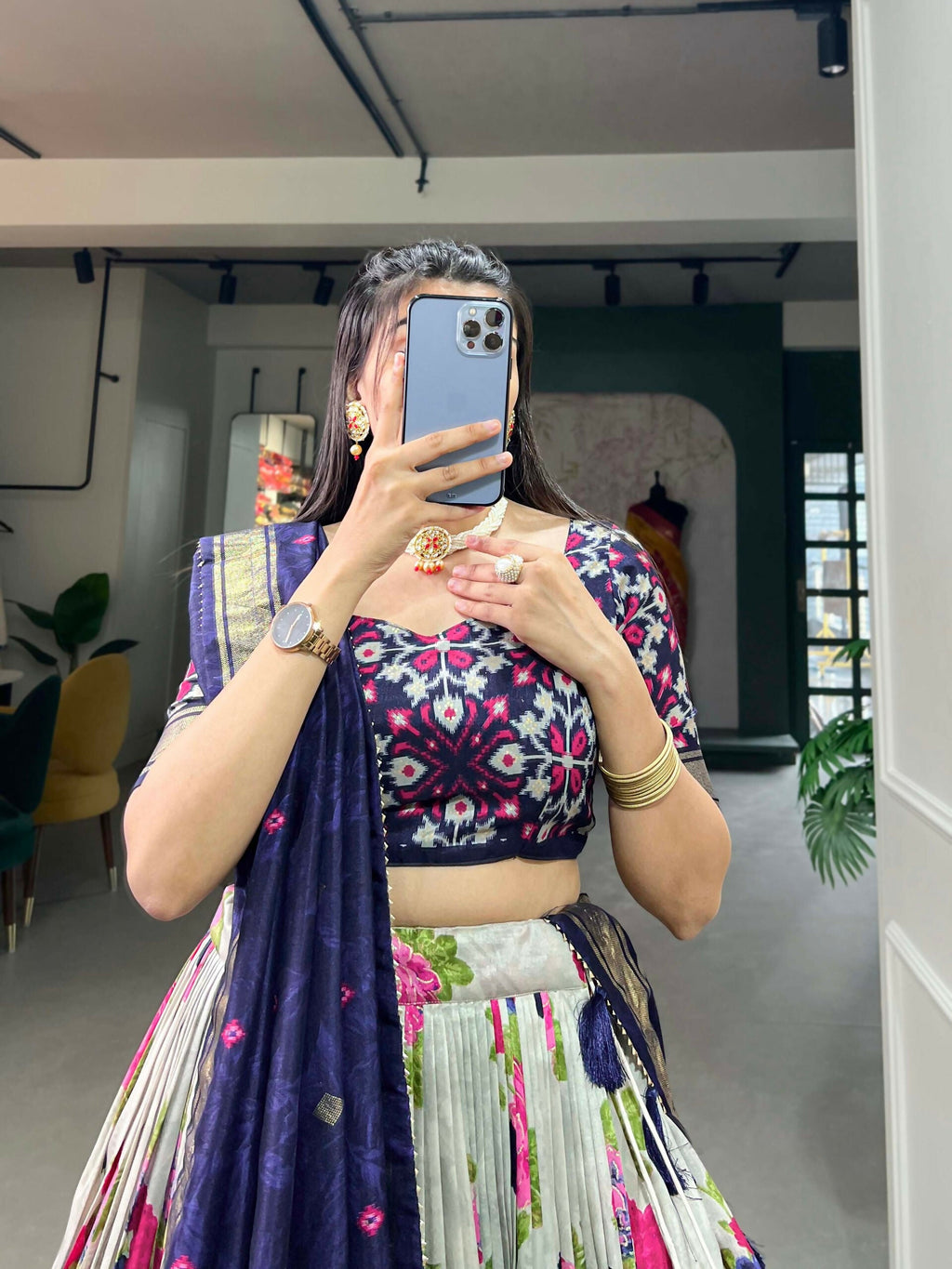 Vastranavya Floral And Patola Print With Foil Work Lehenga with Unstitched Blouse - Navy Blue | Grocsy