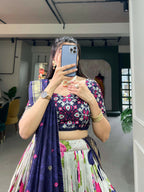 Vastranavya Floral And Patola Print With Foil Work Lehenga with Unstitched Blouse - Navy Blue | Grocsy