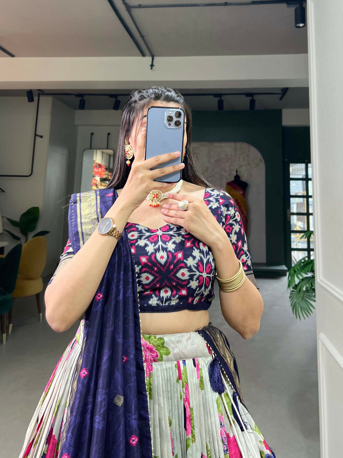 Vastranavya Floral And Patola Print With Foil Work Lehenga with Unstitched Blouse - Navy Blue | Grocsy