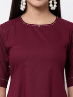 Myshka Women's Pure Cotton 3/4 Sleeve Round Neck Casual Maroon Dress | Grocsy