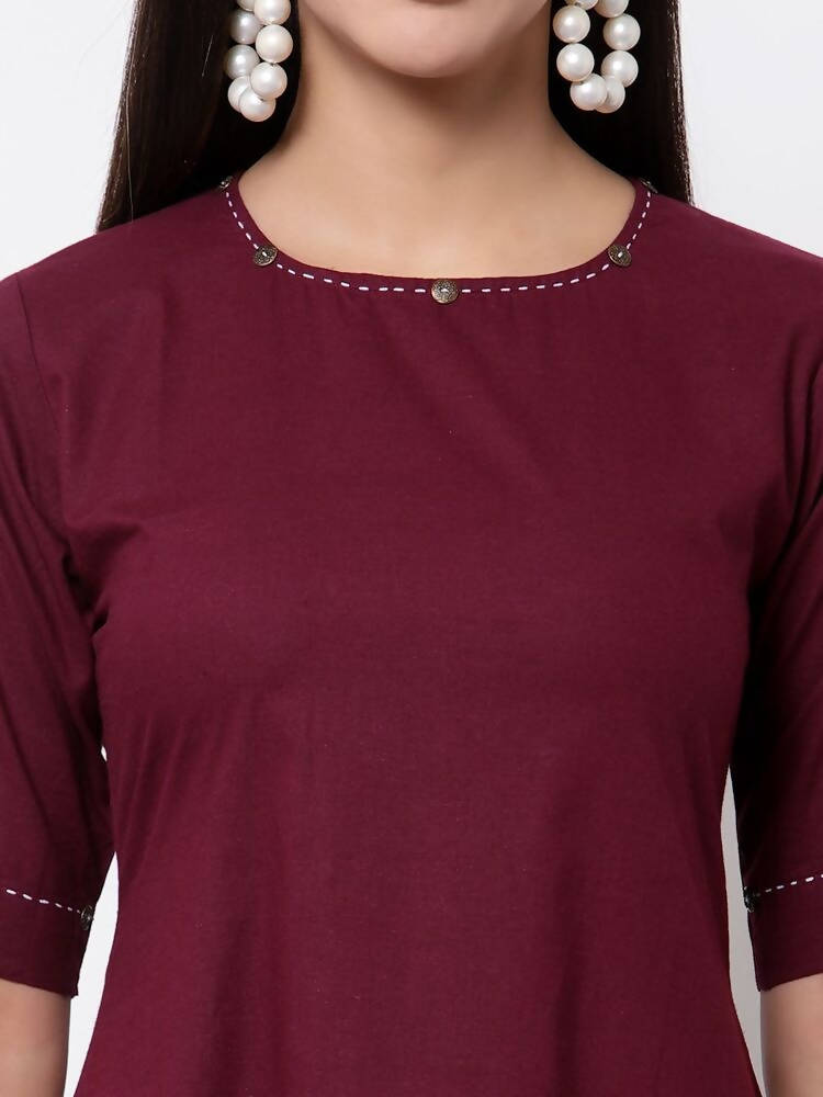 Myshka Women's Pure Cotton 3/4 Sleeve Round Neck Casual Maroon Dress | Grocsy
