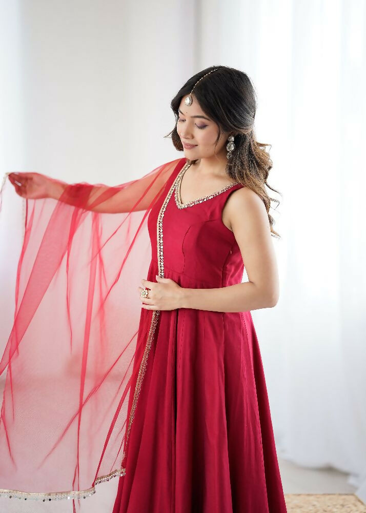 Joban Fashion Maroon Kurta Set Chanderi Sequence Embroidery Work | Grocsy