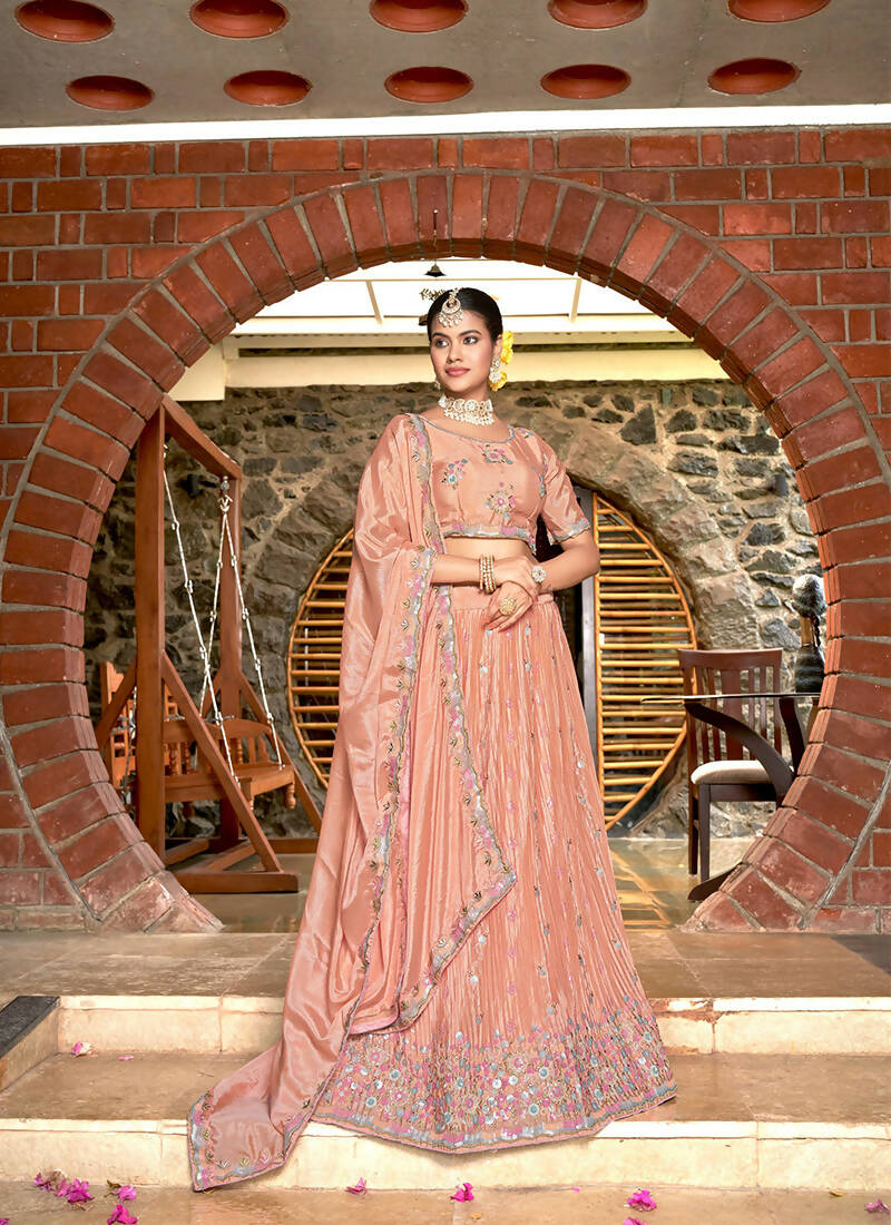 Peach Chinon Crushed Sequence and Thread Embroidery Work Lehenga Choli with Dupatta - Viharini | Grocsy